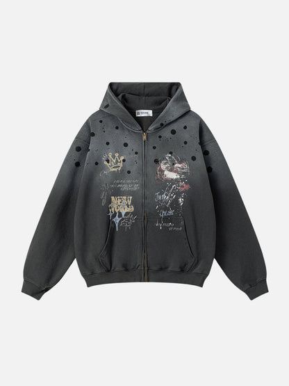 KINGRESS - Oversized Print Zip Up Hoodie