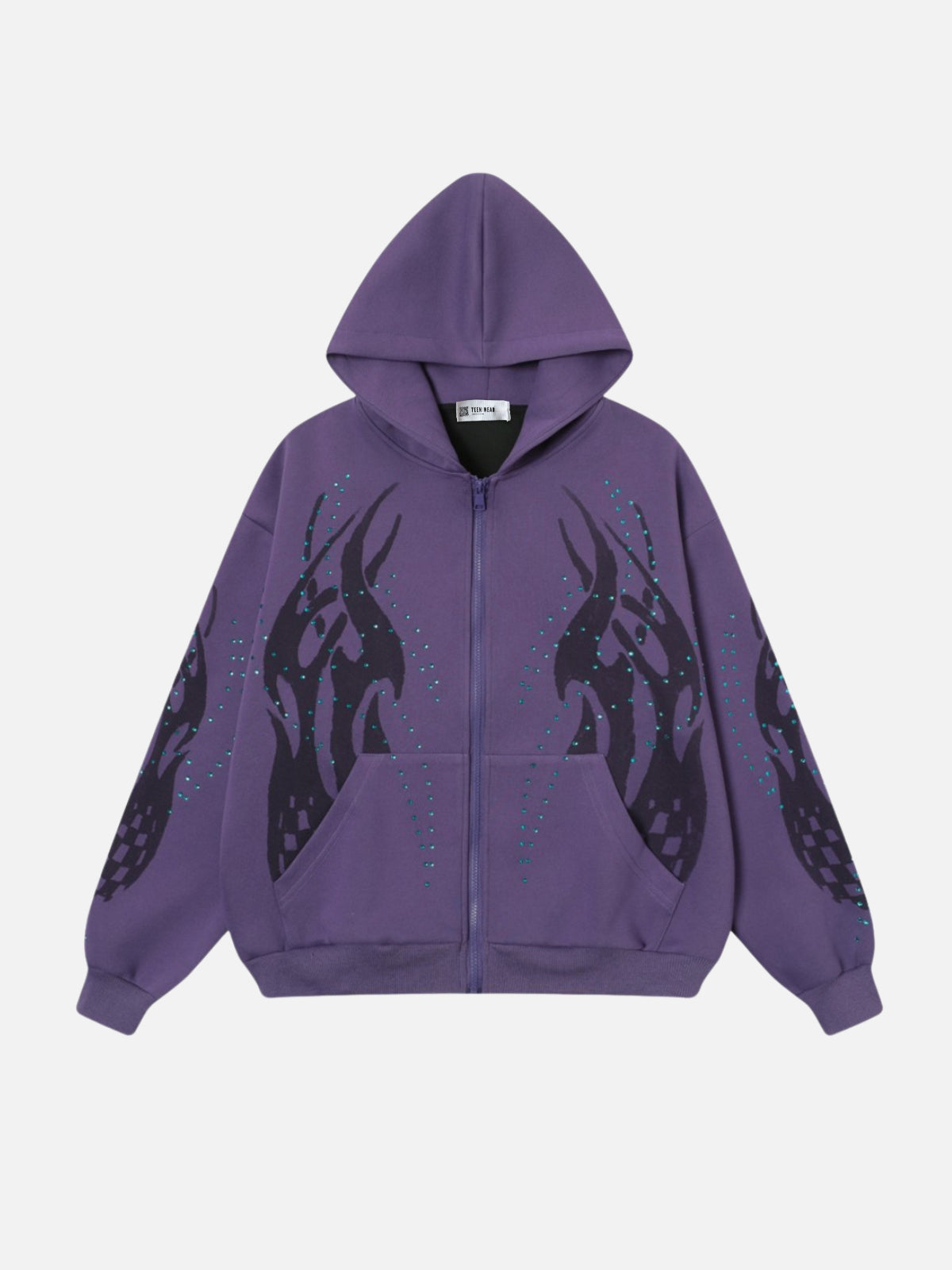 FIRODA - Oversized Rhinestone Zip Up Hoodie