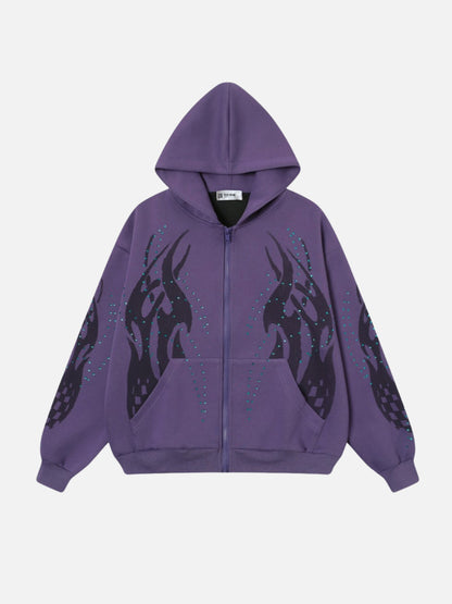 FIRODA - Oversized Rhinestone Zip Up Hoodie