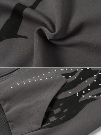FIRODA - Oversized Rhinestone Zip Up Hoodie