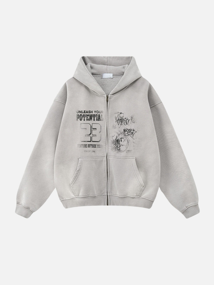 POTENTIAL – Oversize-Kapuzenpullover mit Print und Reißverschluss 