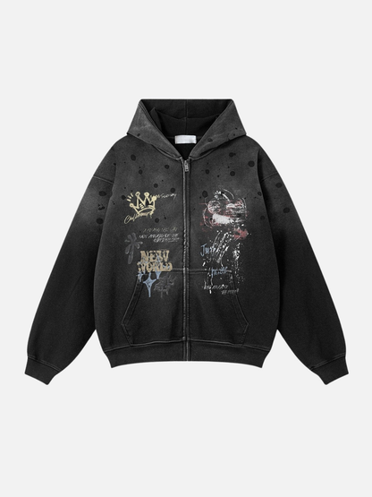 KINGRESS – Oversize-Kapuzenpullover mit Reißverschluss und Print 