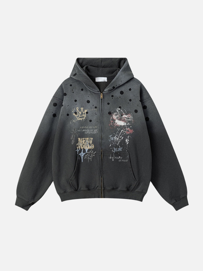 KINGRESS – Oversize-Kapuzenpullover mit Reißverschluss und Print 