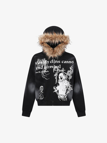 Thesupermade Wasteland Style Cardigan Zip UP Fur Hooded Jacket - 2279