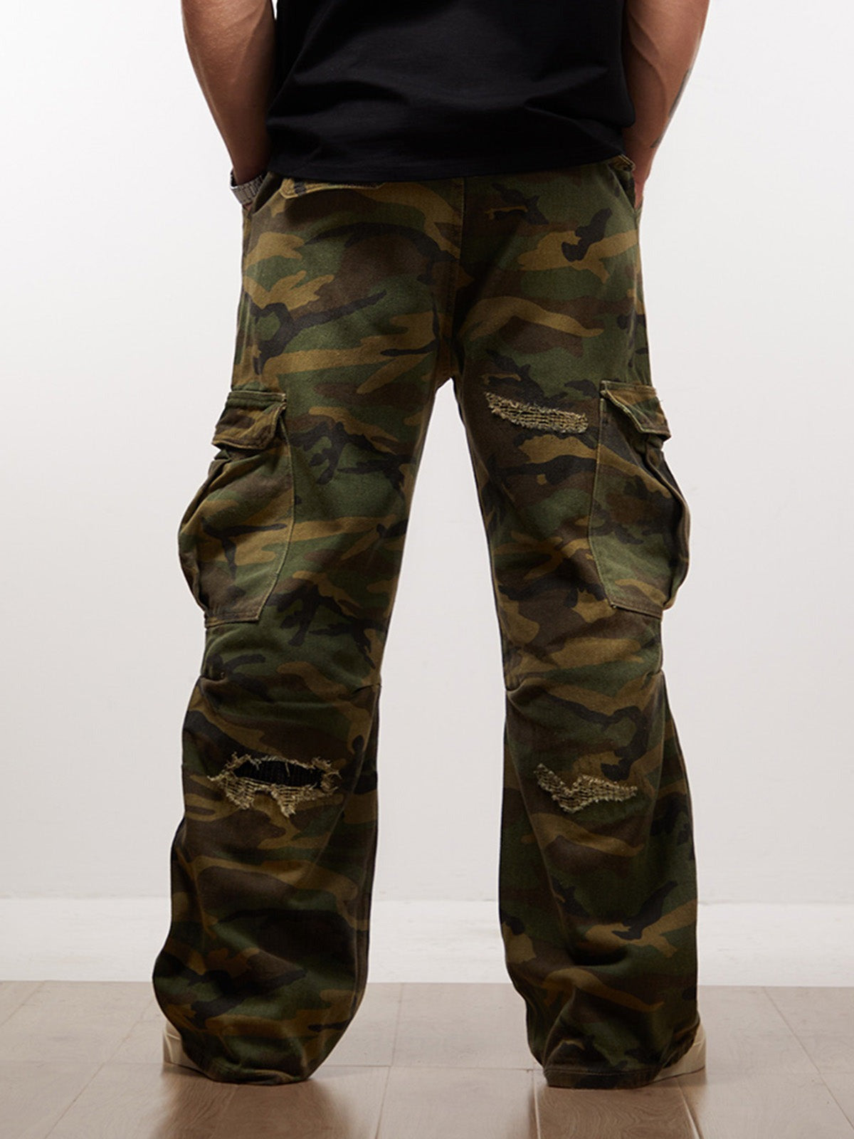 Ripped Camouflage Flared Cargo Pants - 2410