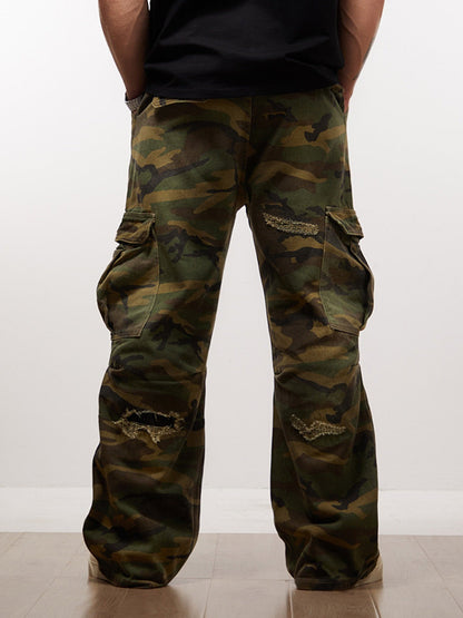 Ripped Camouflage Flared Cargo Pants - 2410