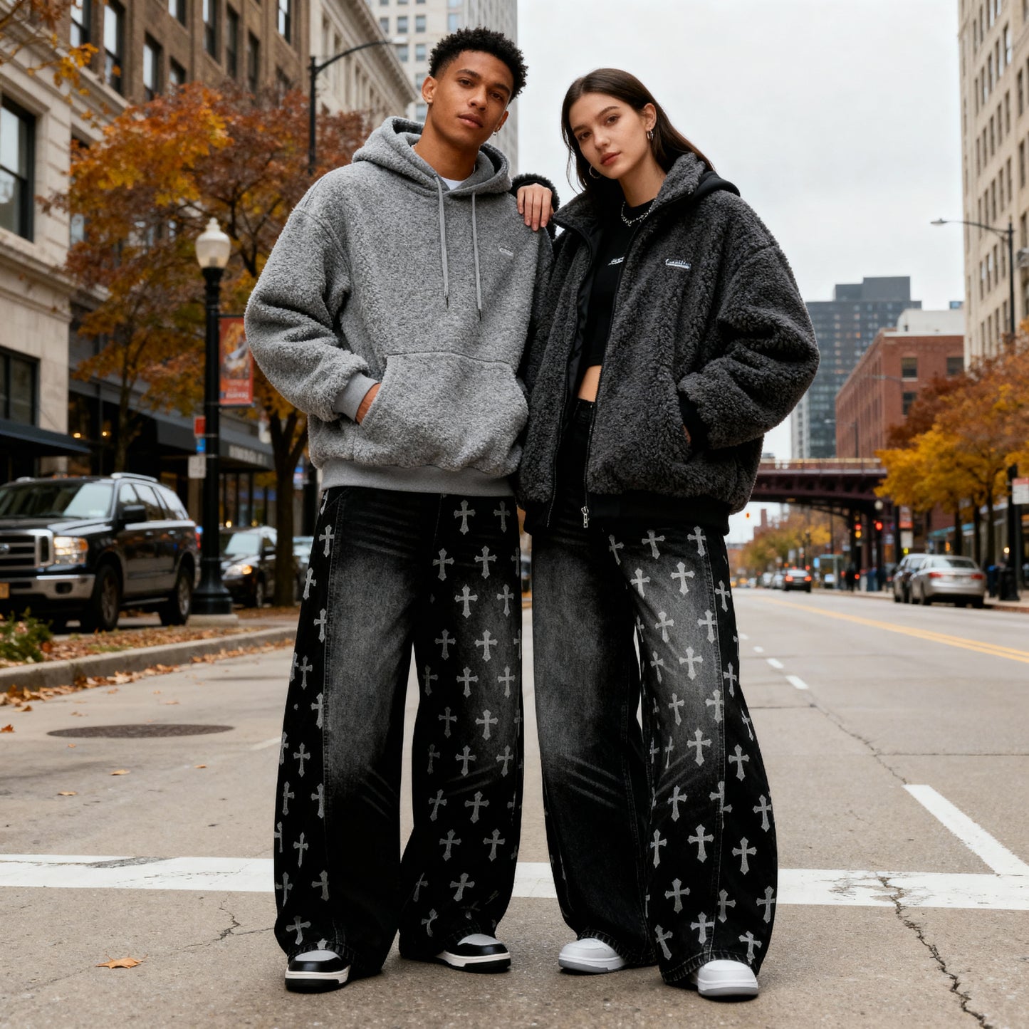 SAINTRY – Baggy Graphic Cross Print Jeans